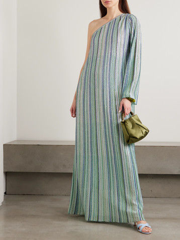 Missoni One-shoulder sequin-trimmed striped crochet-knit maxi dress