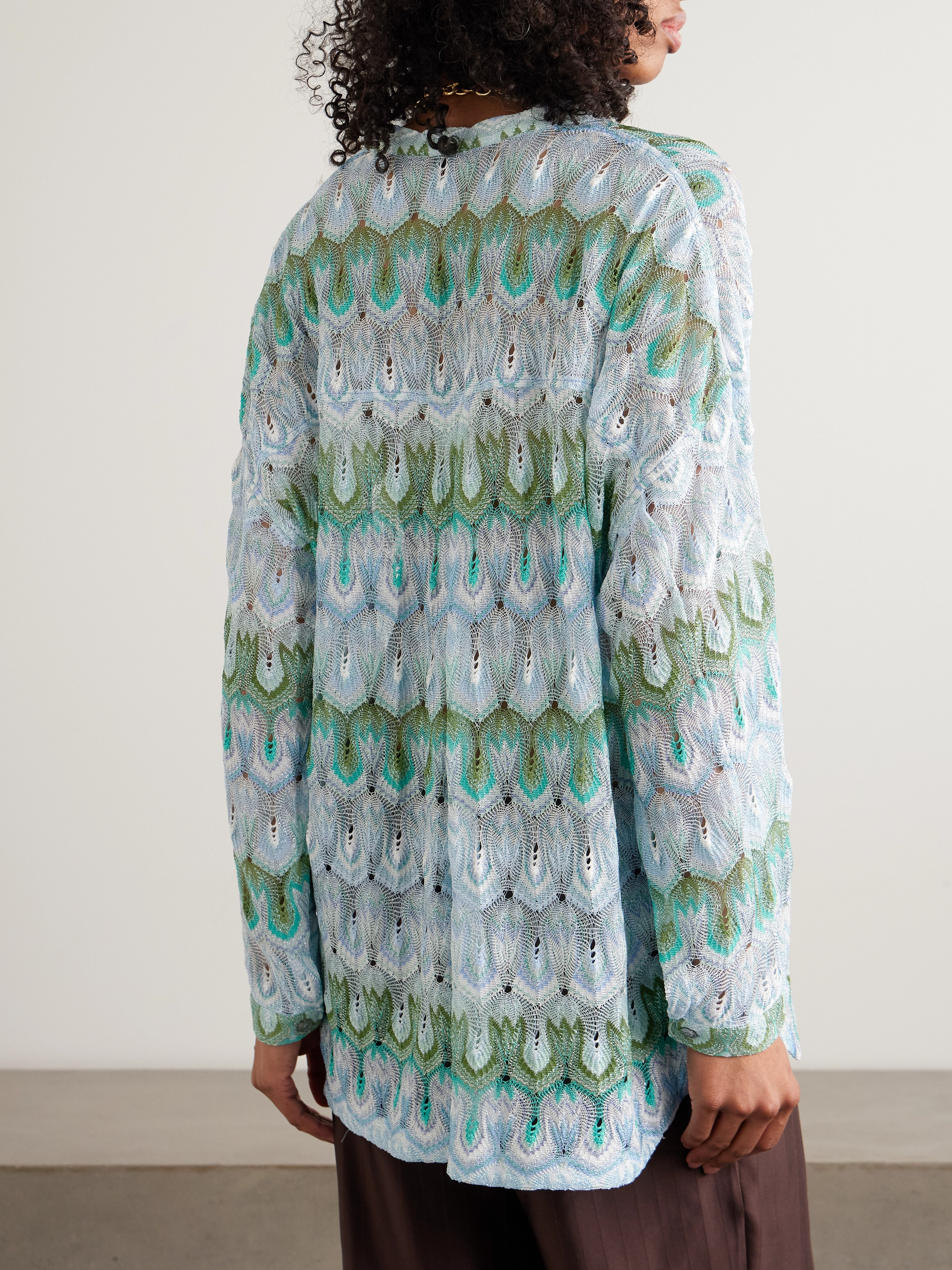 【美品】MISSONI 半袖チュニック ウエストゴム ベージュ×薄緑 総柄 MISSONI Mare striped metallic crochet-knit swimsuit | NET-A-PORTER