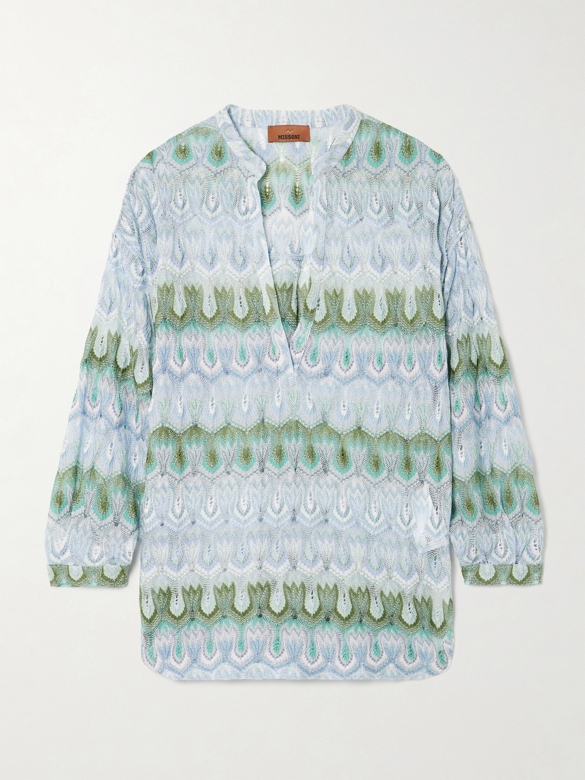 【美品】MISSONI 半袖チュニック ウエストゴム ベージュ×薄緑 総柄 Missoni - Corean striped metallic crochet-knit blouse | Plush