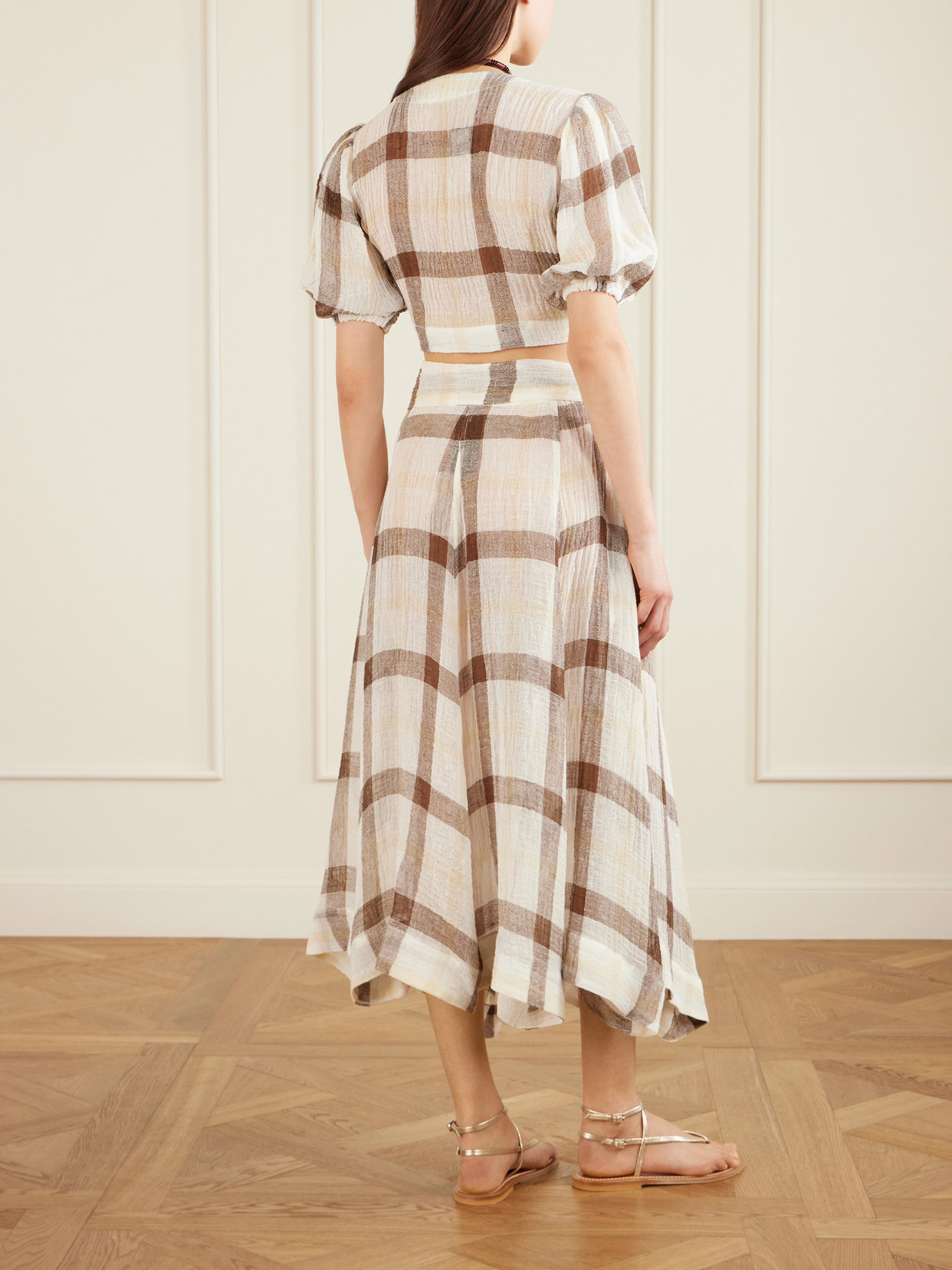 Tie-Detailed Checked Linen-Blend Gauze Midi
