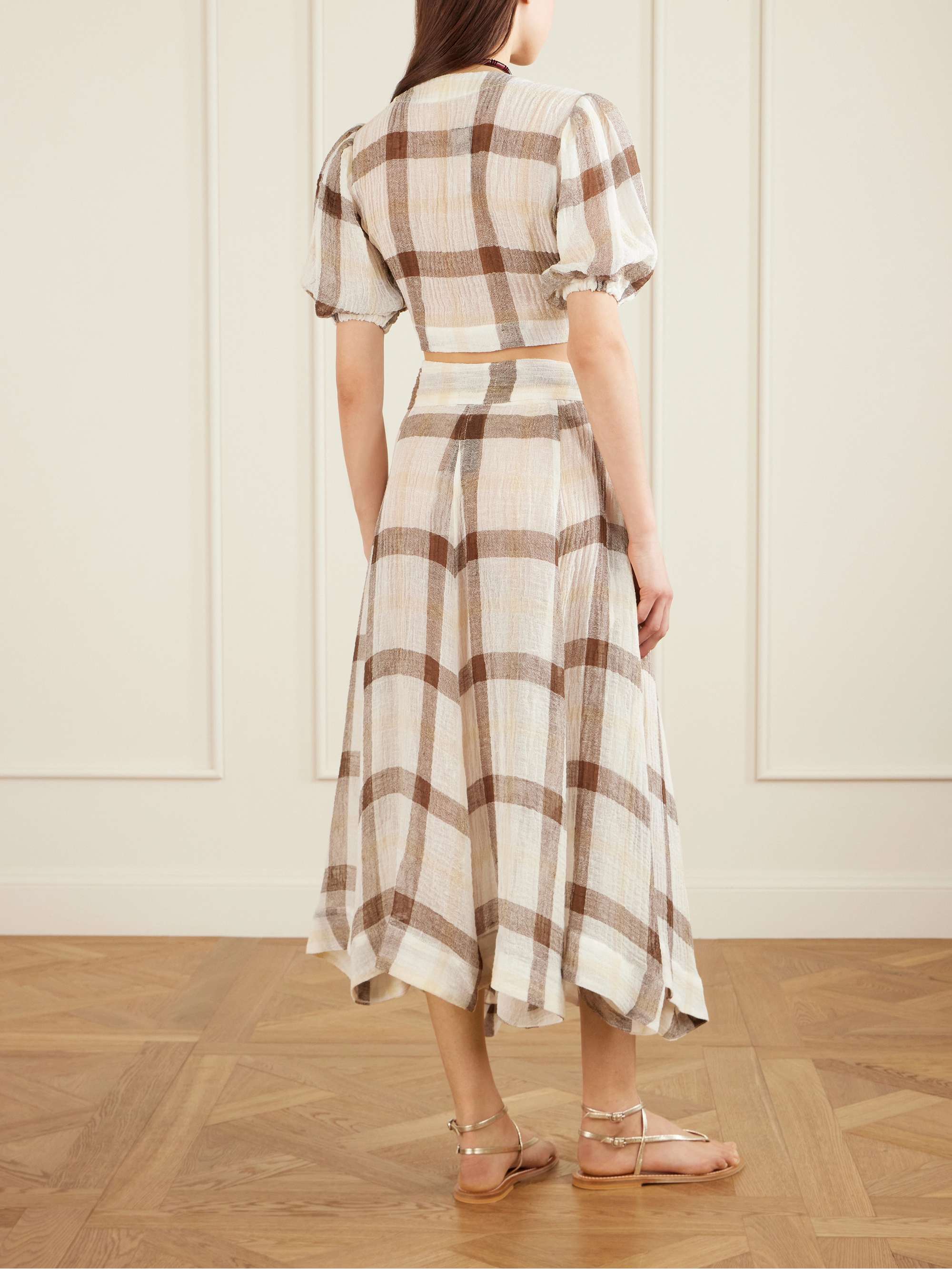 LISA MARIE FERNANDEZ Tie-detailed checked linen-blend gauze midi