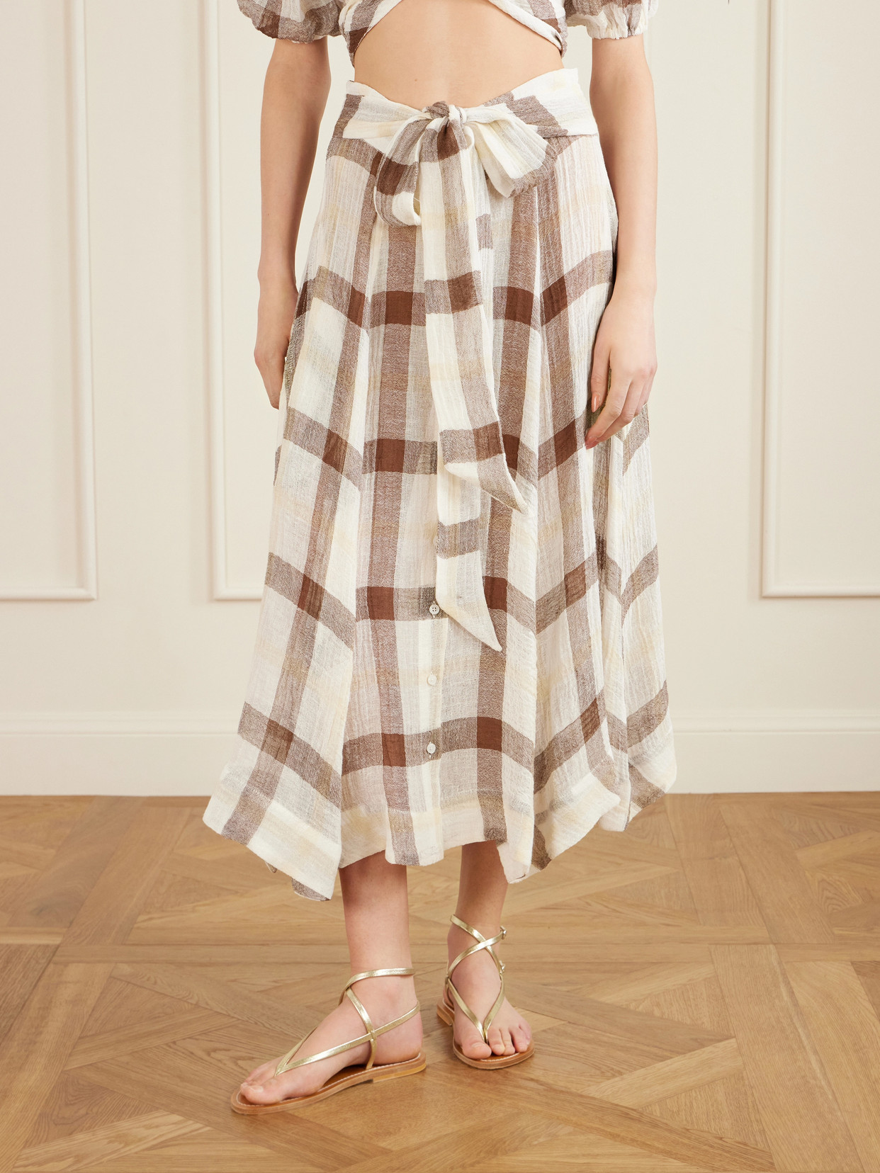 Tie-Detailed Checked Linen-Blend Gauze Midi