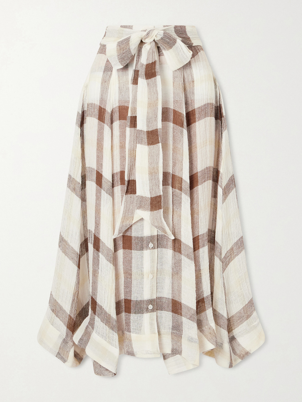 Tie-Detailed Checked Linen-Blend Gauze Midi
