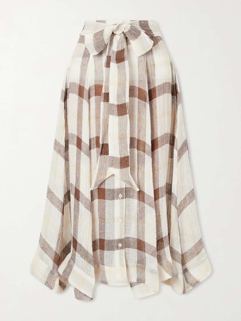 Lisa Marie Fernandez Tie-detailed Checked Linen-blend Gauze Midi Skirt