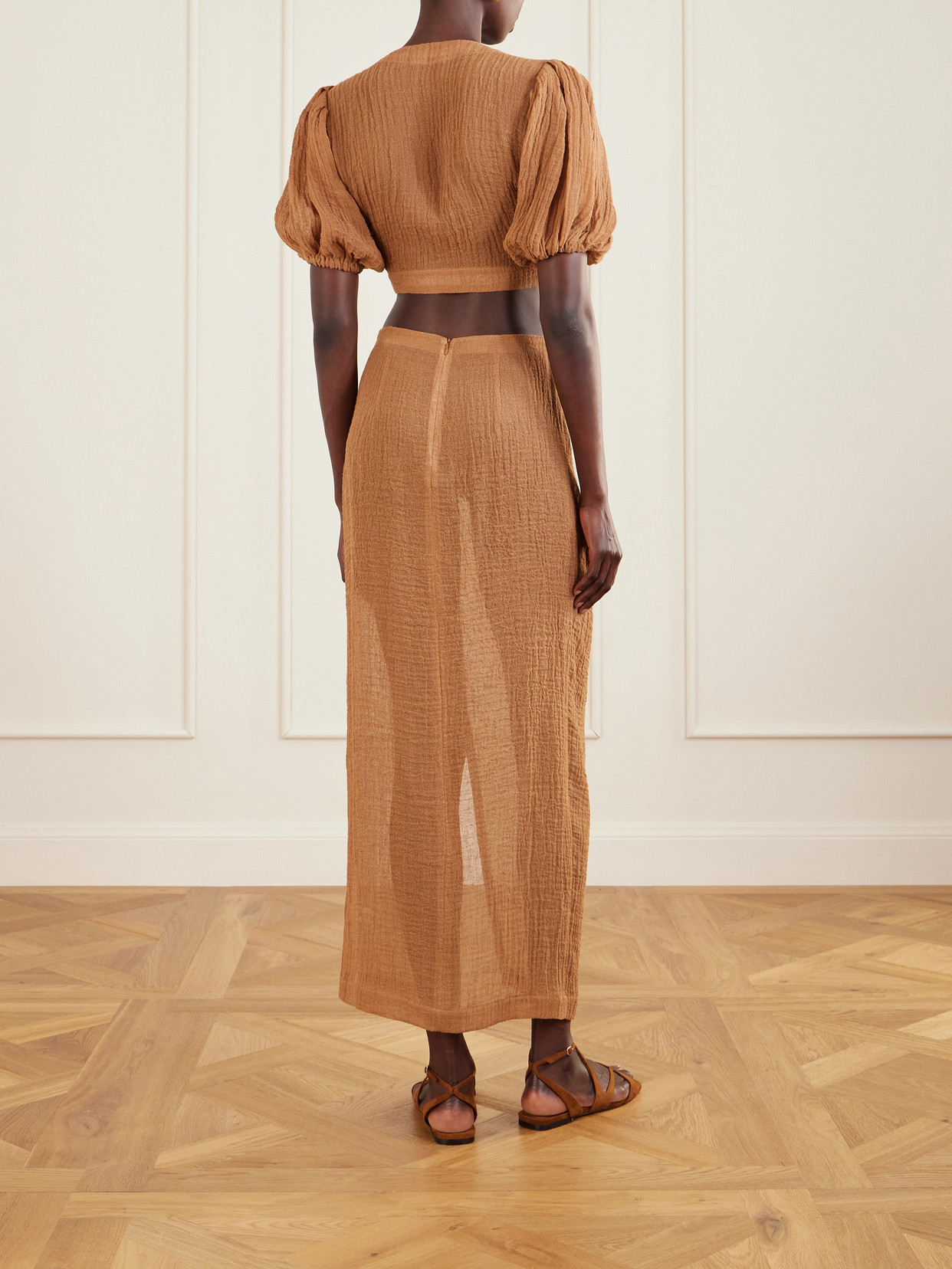 Pouf Cropped Linen-Blend Gauze Wrap Top