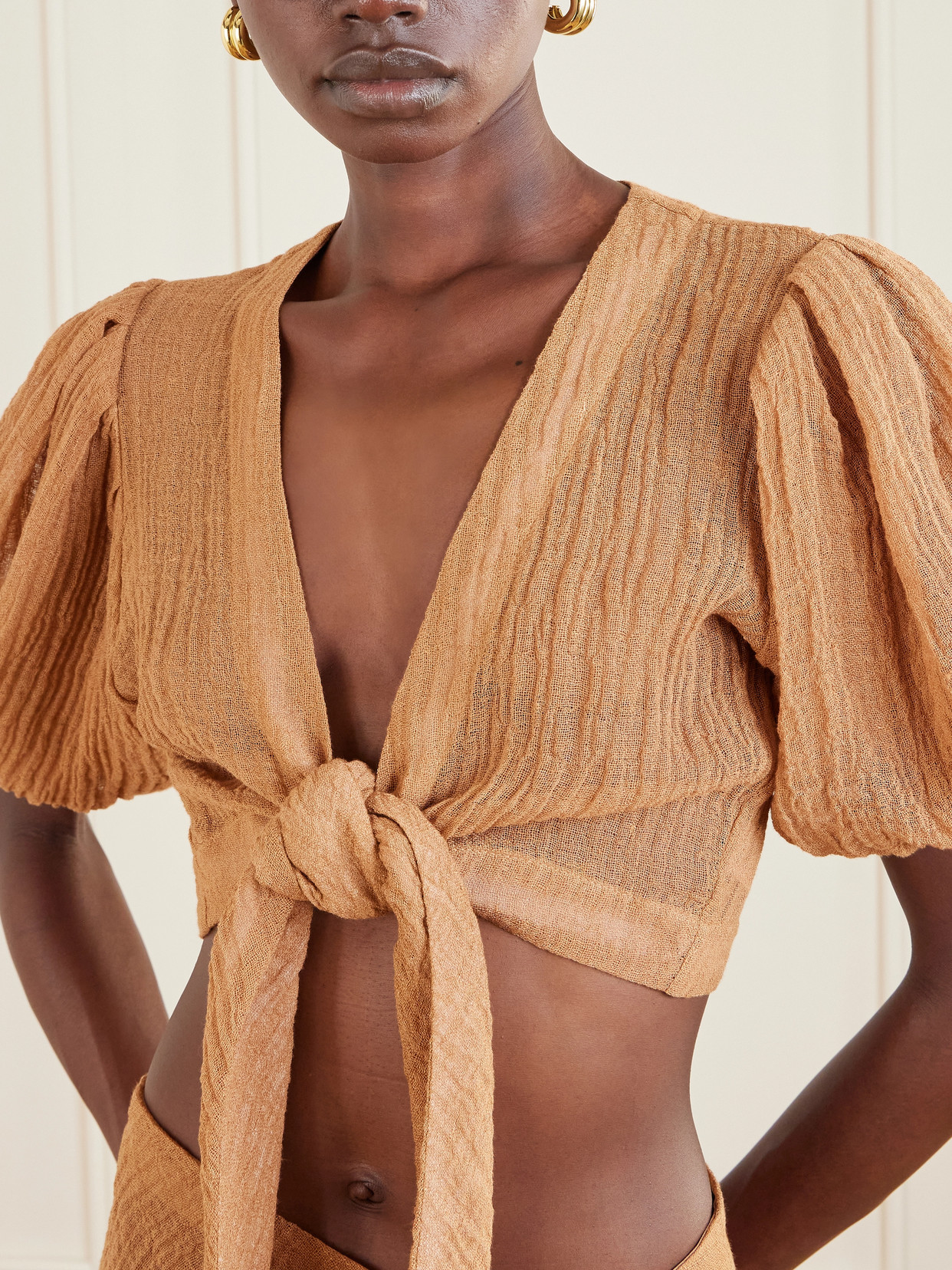 Pouf Cropped Linen-Blend Gauze Wrap Top