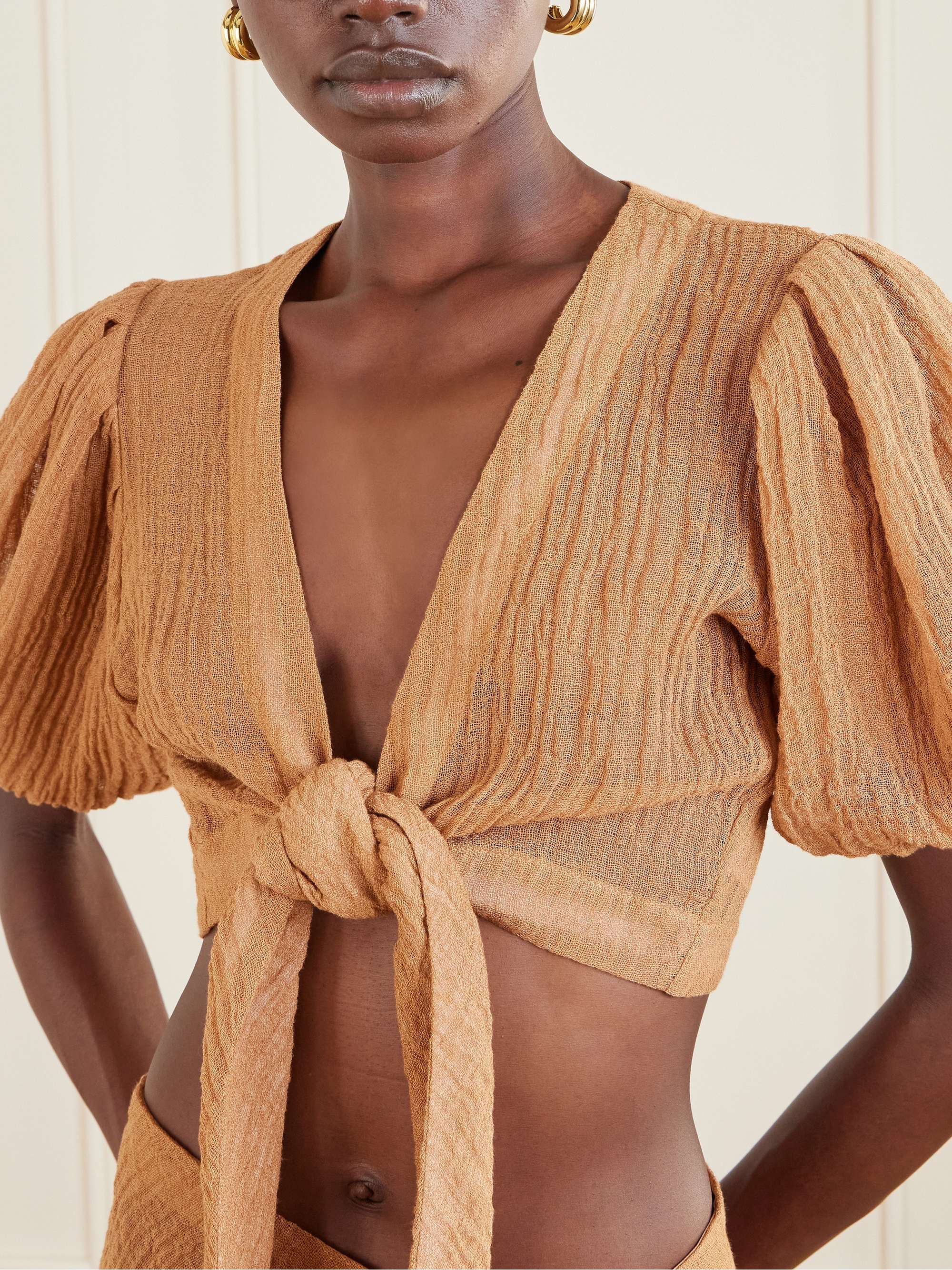LISA MARIE FERNANDEZ Pouf cropped linen-blend gauze wrap top | NET