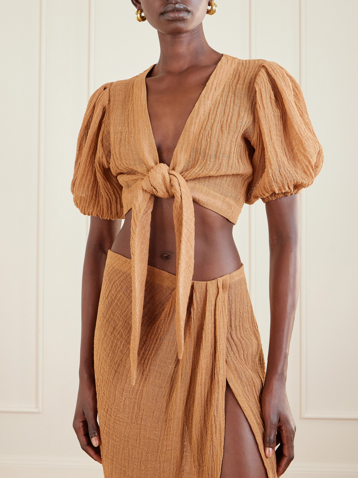 Pouf Cropped Linen-Blend Gauze Wrap Top