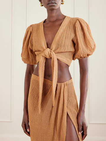 Lisa Marie Fernandez Pouf cropped linen-blend gauze wrap top