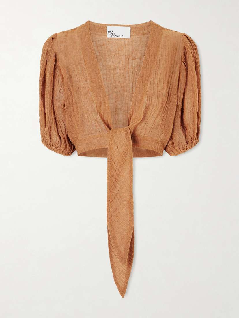 Lisa Marie Fernandez Pouf Cropped Linen-blend Gauze Wrap Top