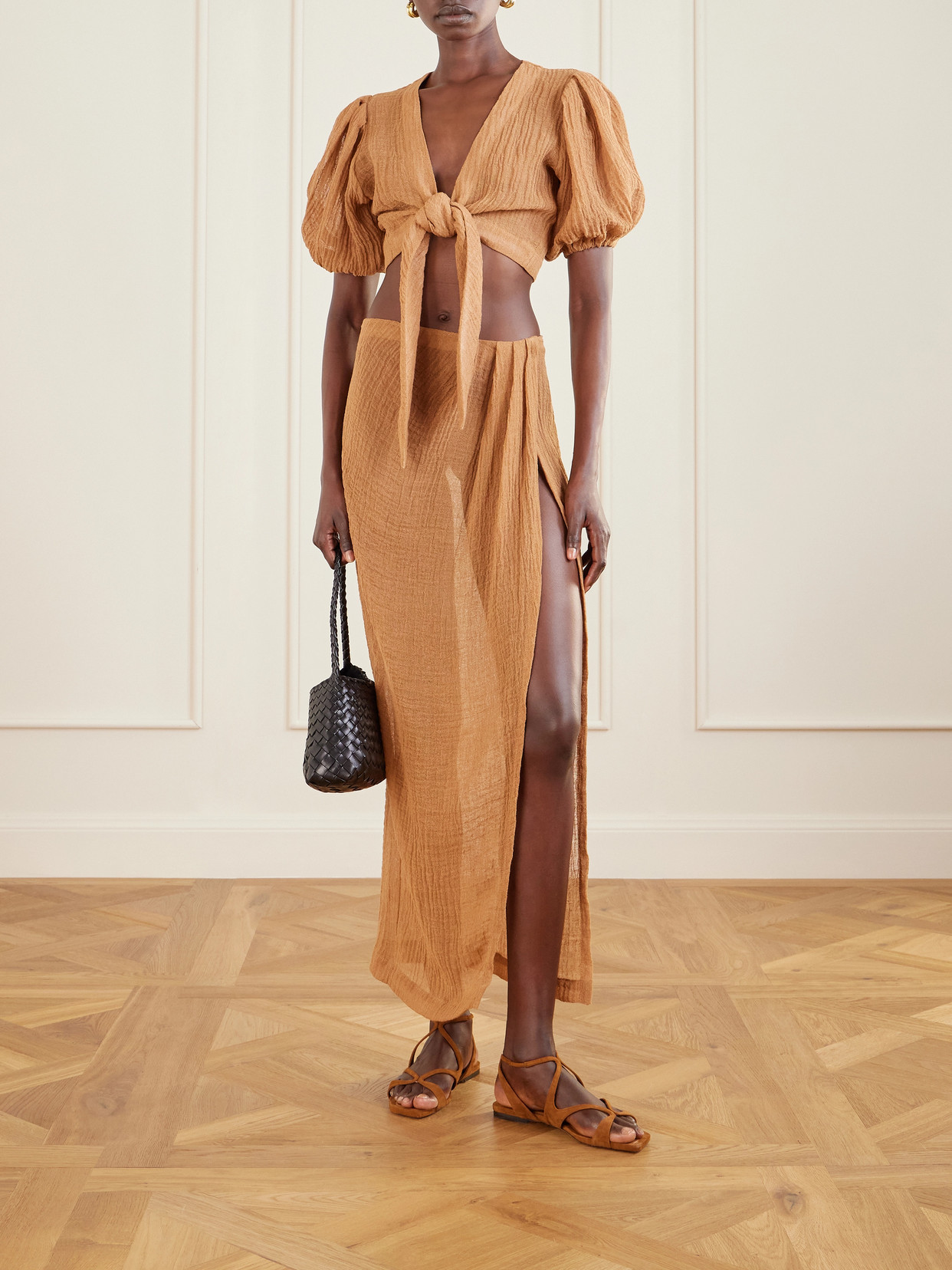 Pouf Cropped Linen-Blend Gauze Wrap Top