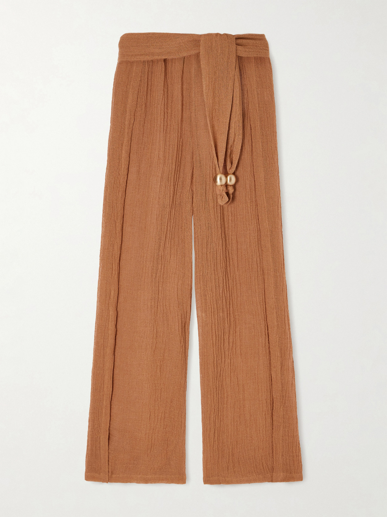 Lisa Marie Fernandez Embellished Belted Crinkled Linen-blend Gauze Pants In Brown