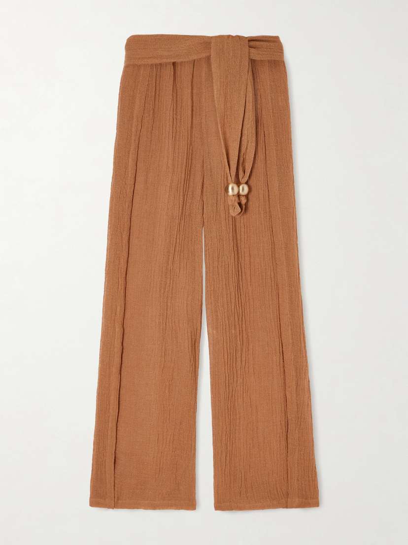 Lisa Marie Fernandez Embellished Belted Crinkled Linen-blend Gauze Pants