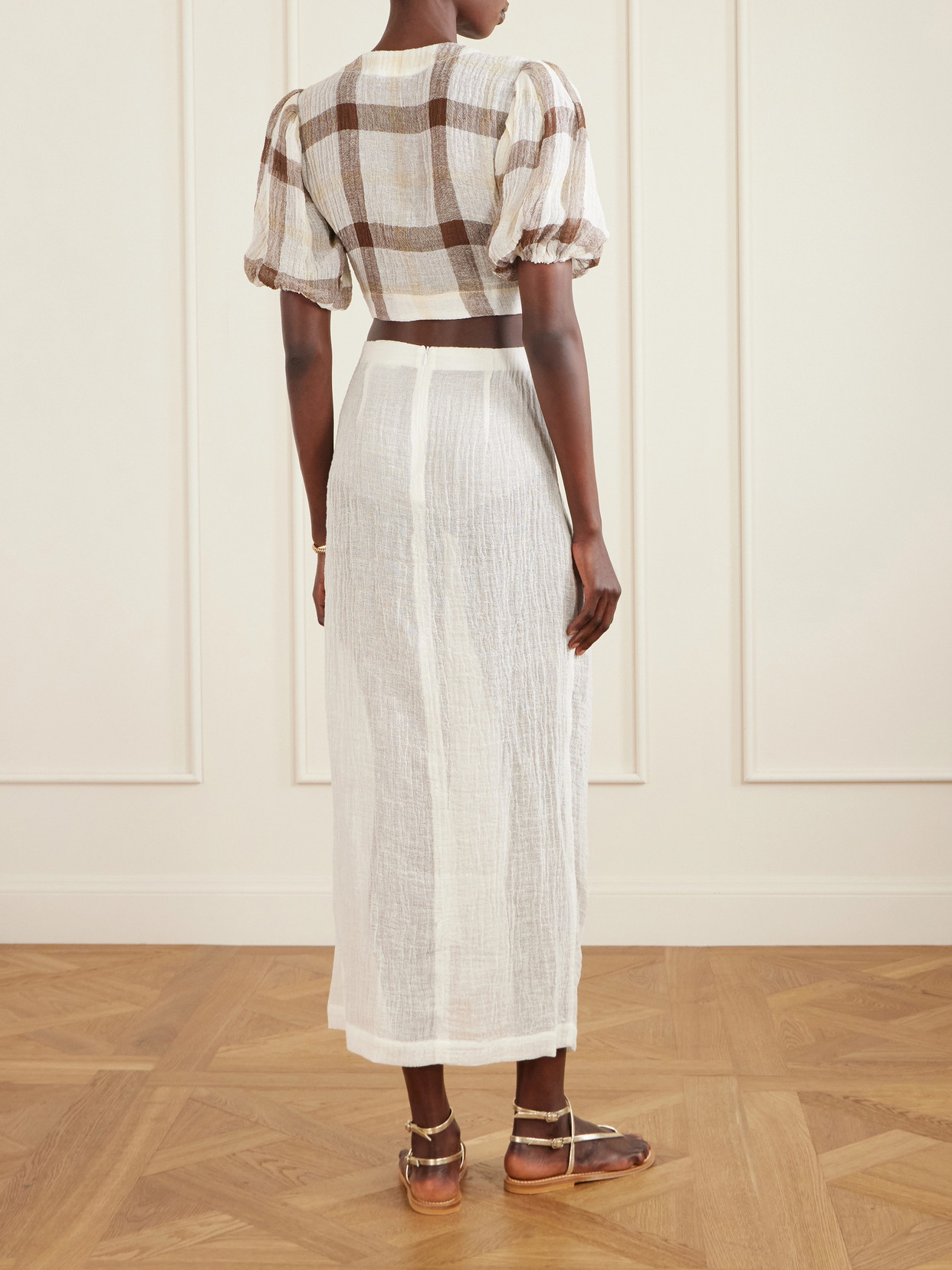 Pouf Cropped Checked Linen-Blend Crepon Blouse