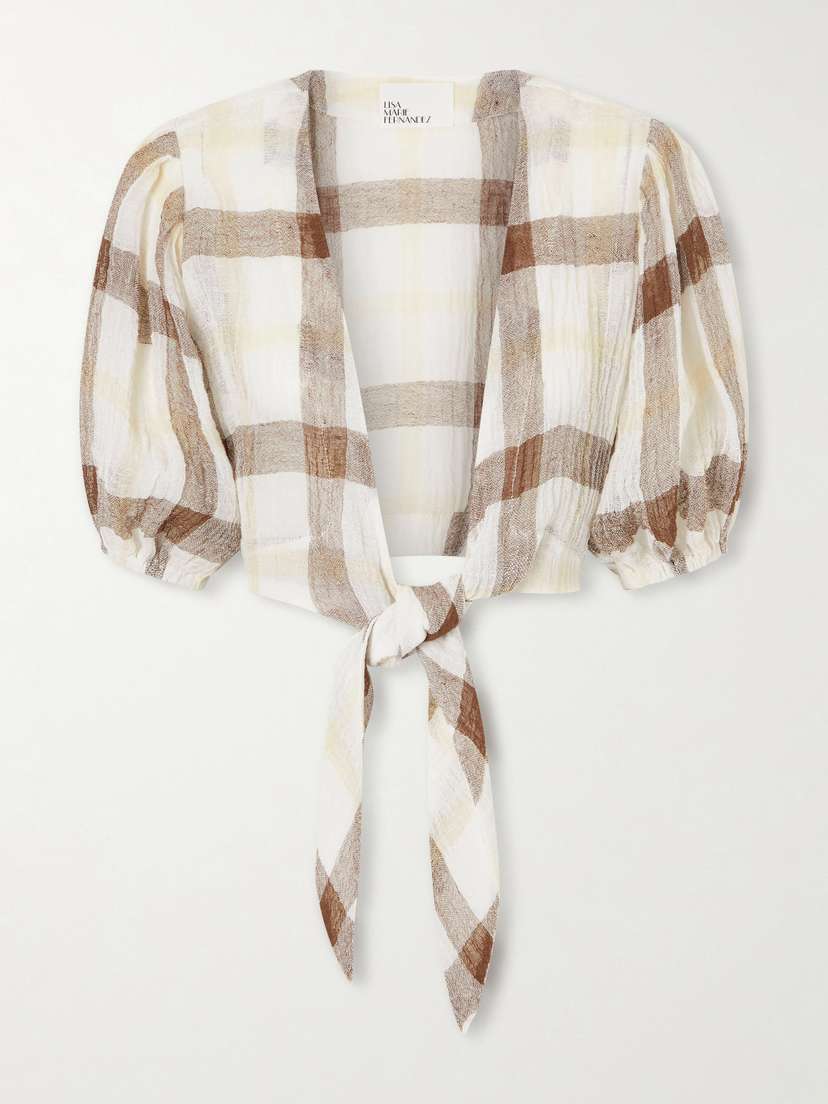 Lisa Marie Fernandez Pouf Cropped Checked Linen-blend Crepon Blouse