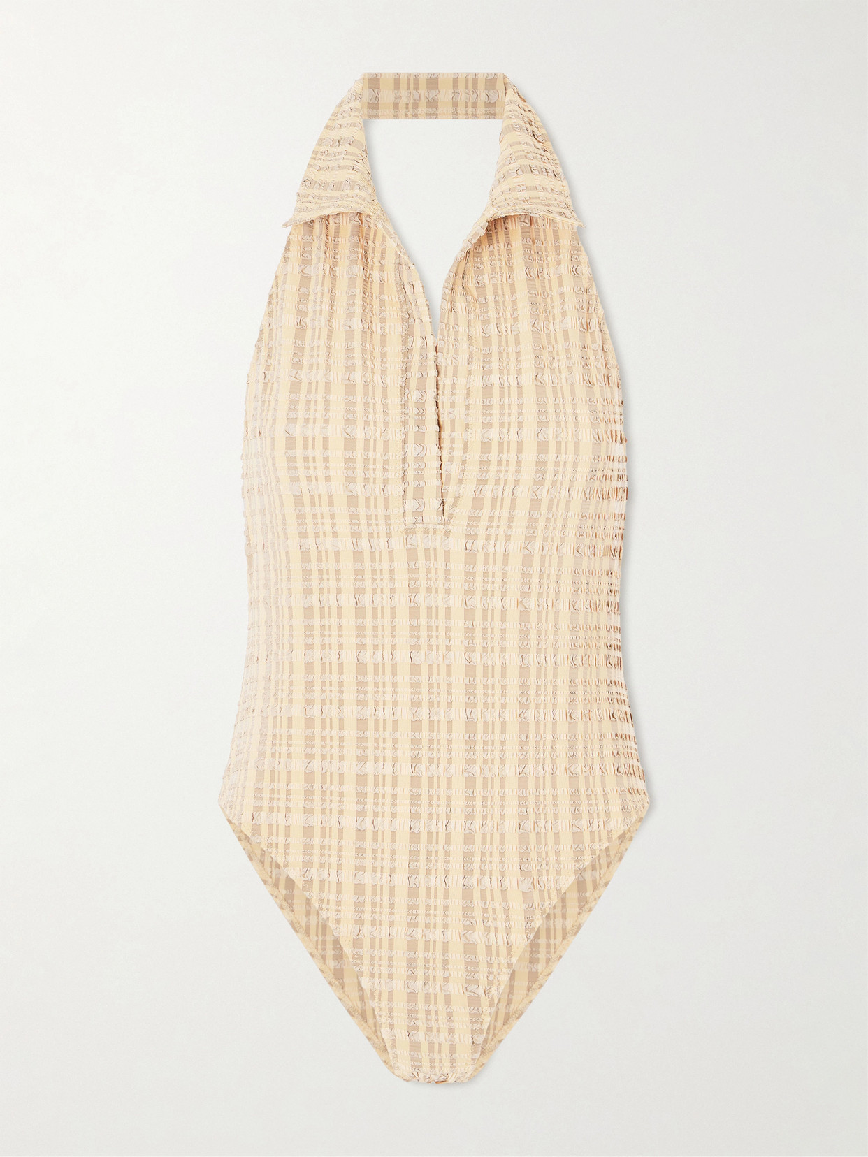 Lisa Marie Fernandez Checked Seersucker Halterneck Swimsuit In Neutral