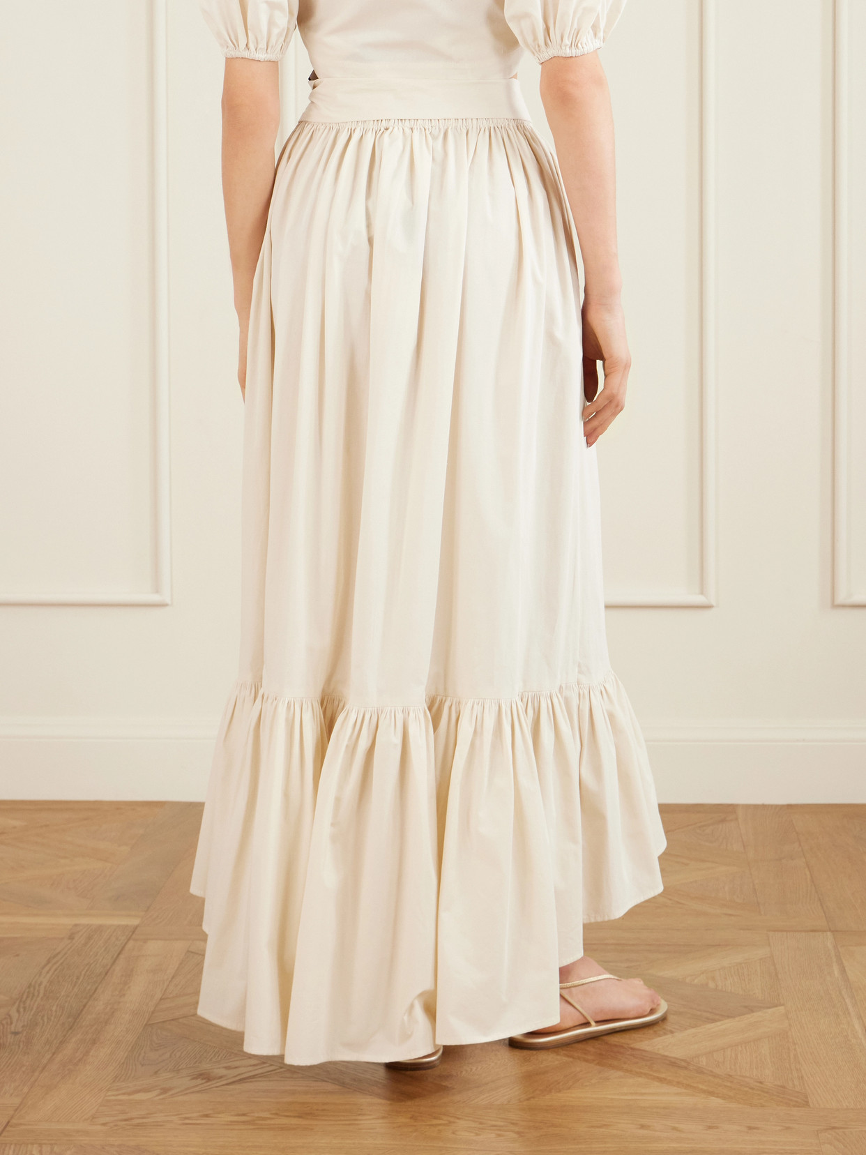 Nicole Tie-Detailed Asymmetric Pleated Tiered Cotton-Poplin Maxi