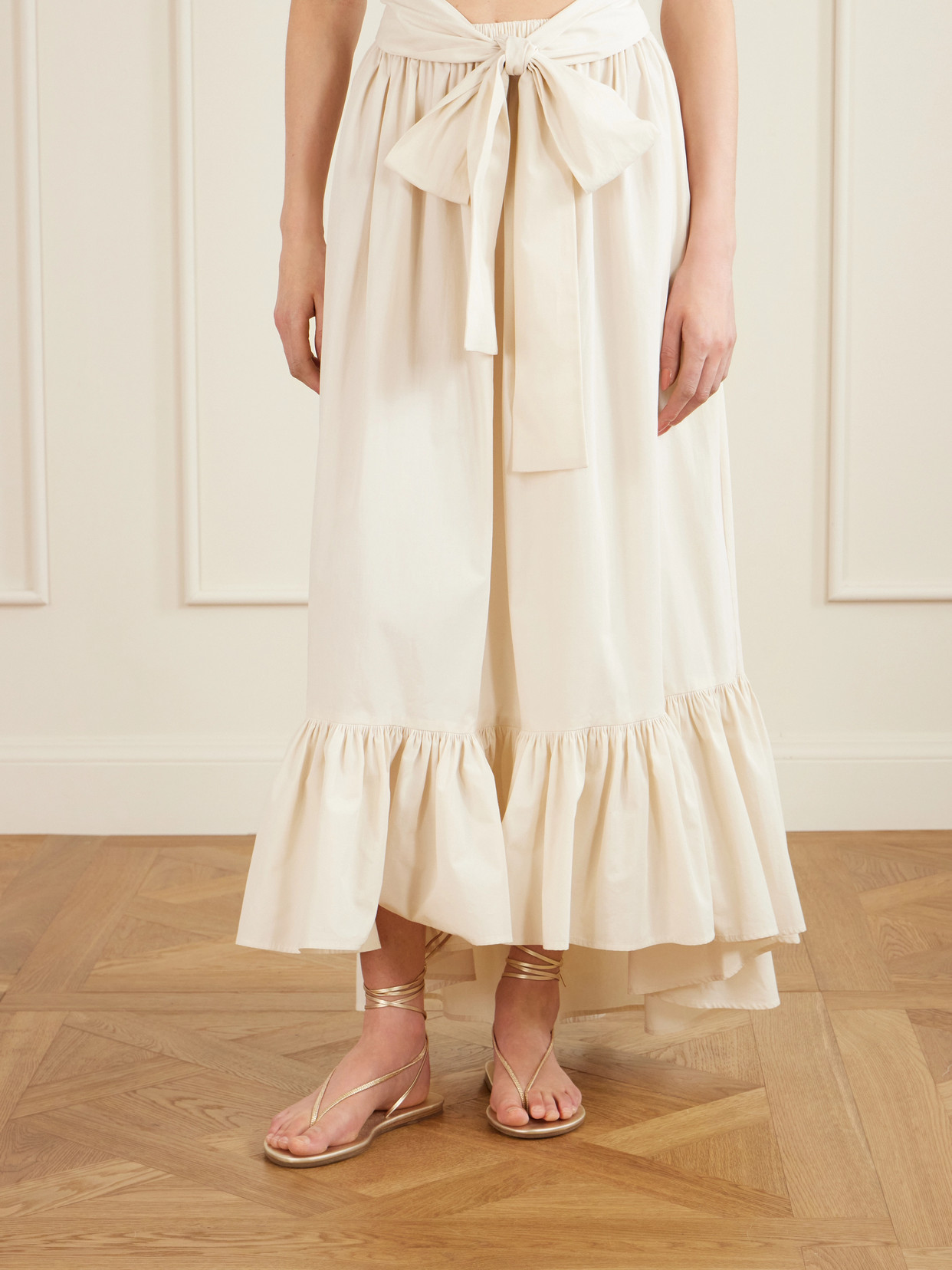 Nicole Tie-Detailed Asymmetric Pleated Tiered Cotton-Poplin Maxi