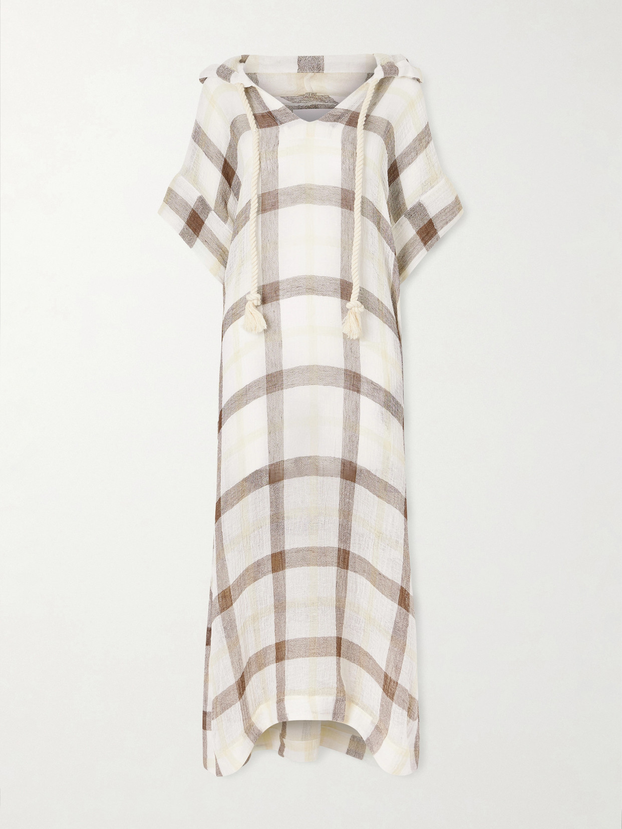 Lisa Marie Fernandez Hooded Checked Linen-blend Crepon Kaftan In Neutral