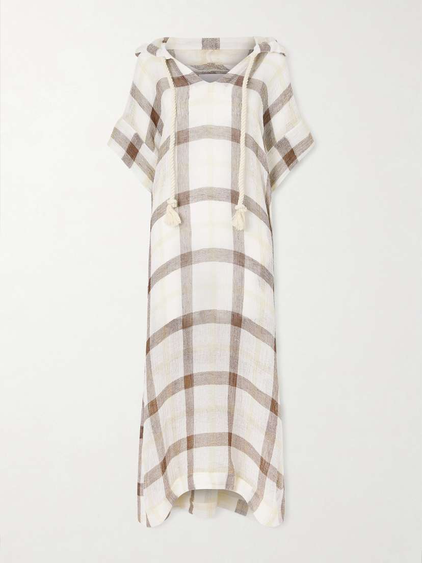 Lisa Marie Fernandez Hooded Checked Linen-blend Crepon Kaftan
