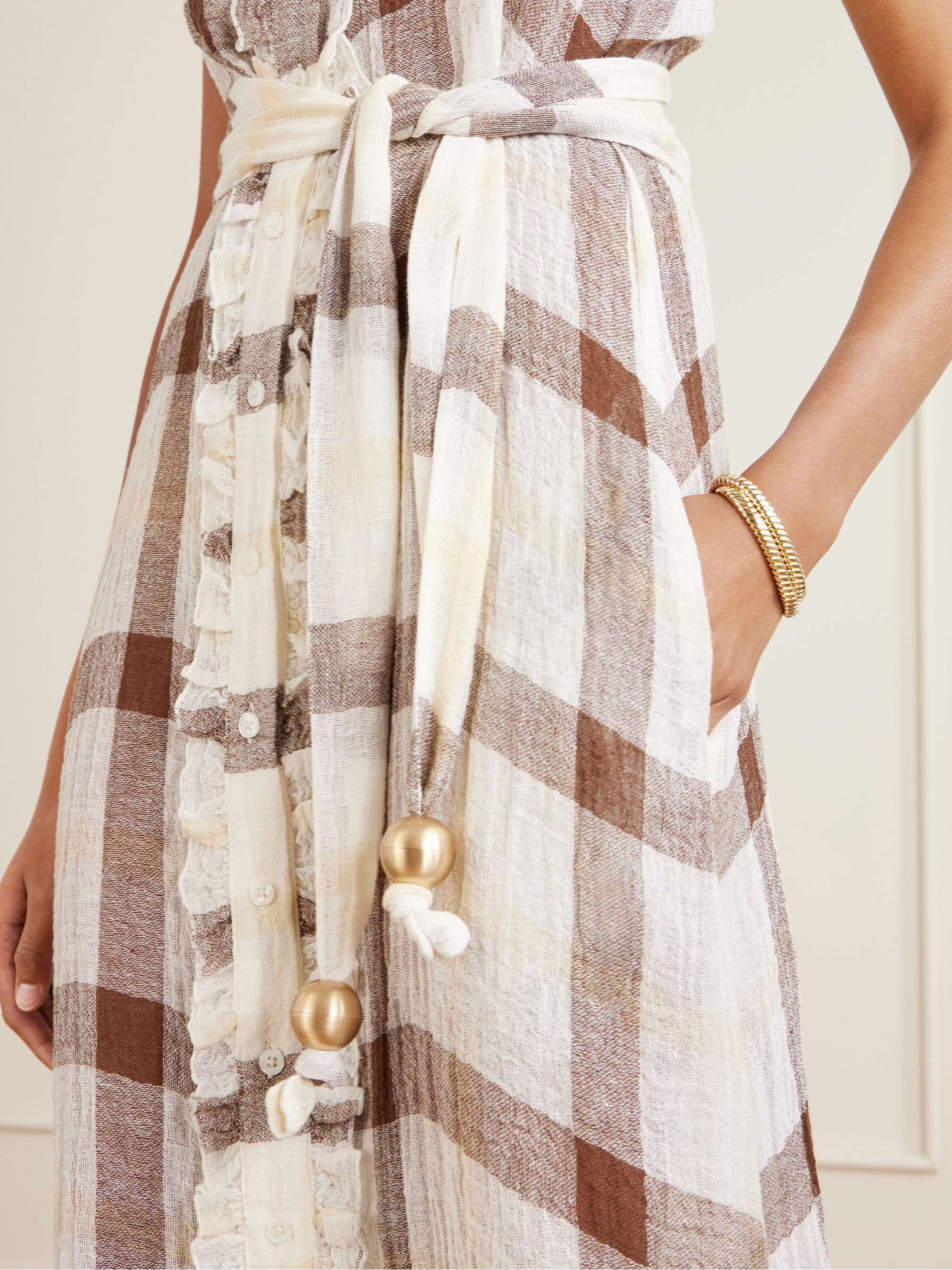 LISA MARIE FERNANDEZ Belted embellished tiered ruffled checked