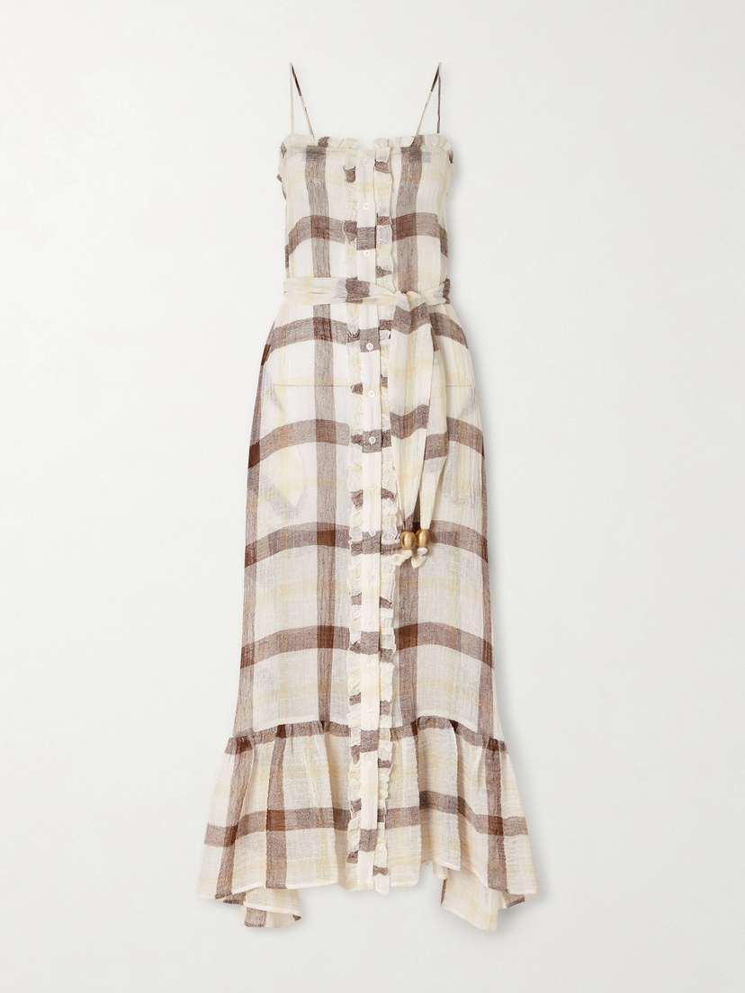 Lisa Marie Fernandez Belted Embellished Tiered Ruffled Checked Linen-blend Gauze Maxi Dress