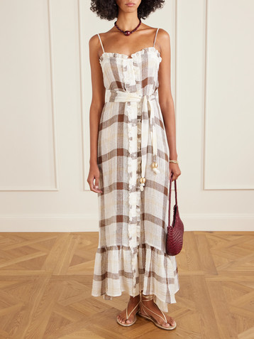 Lisa Marie Fernandez Belted embellished tiered ruffled checked linen-blend gauze maxi dress