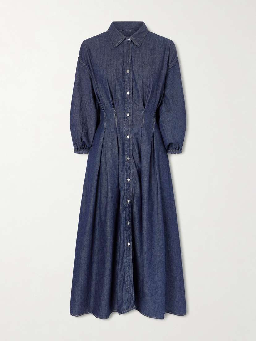 TWP Mason Pleated Denim Midi Shirt Dress