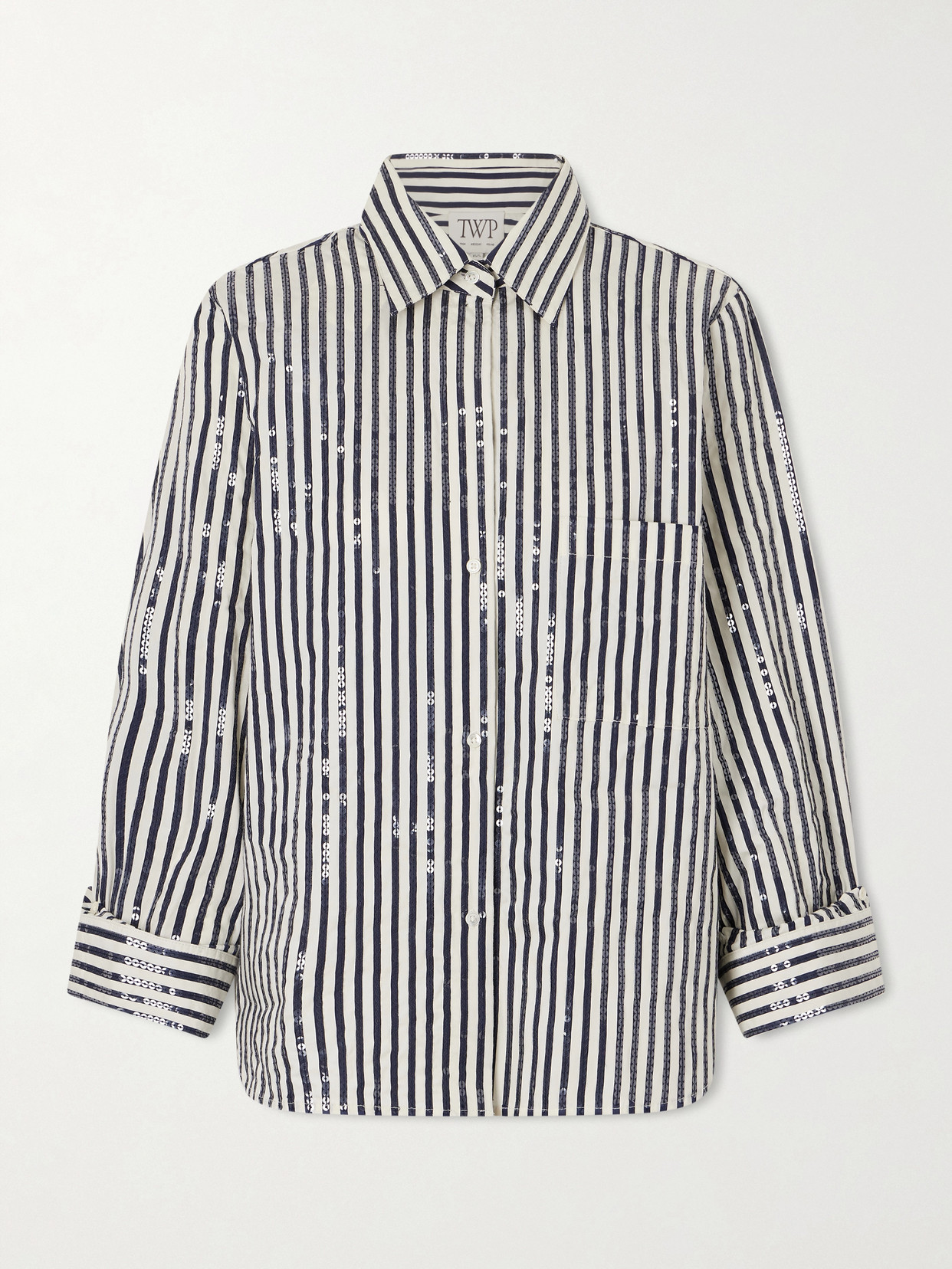 Twp Next Morning Sequined Striped Cotton-blend Poplin Shirt In Blue