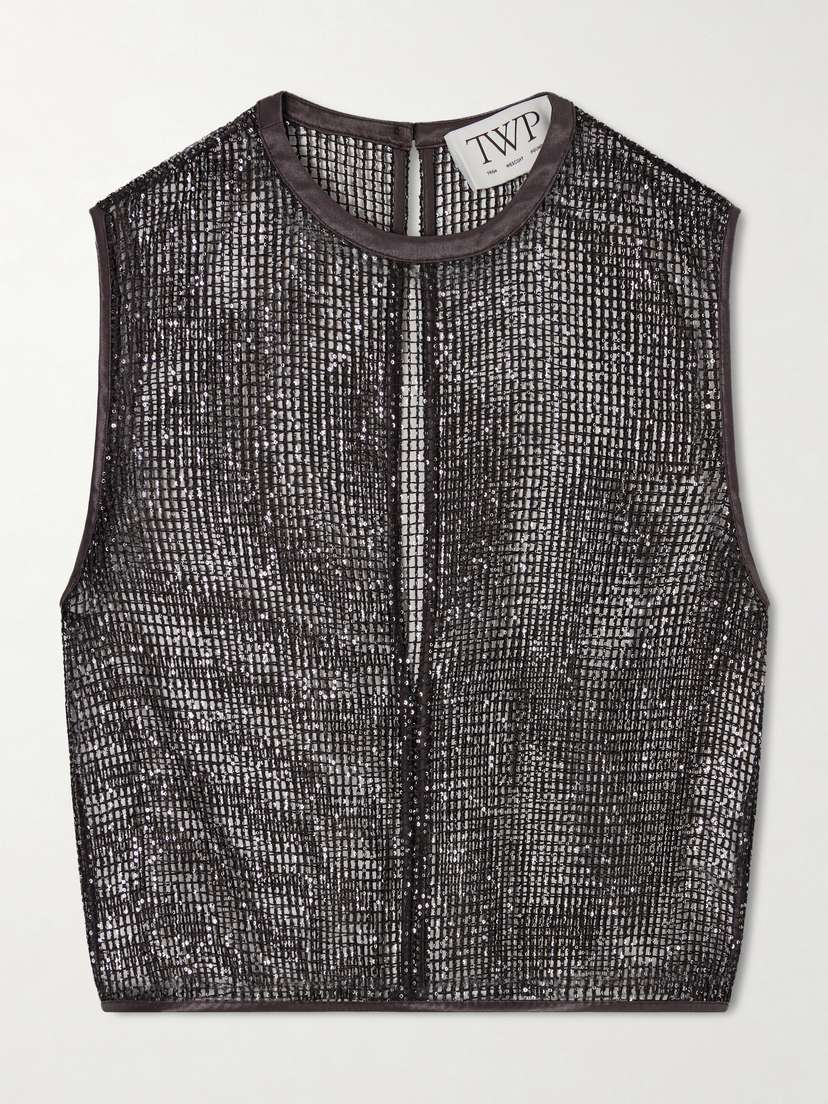 TWP Cropped Sequin-embellished Fishnet Tank