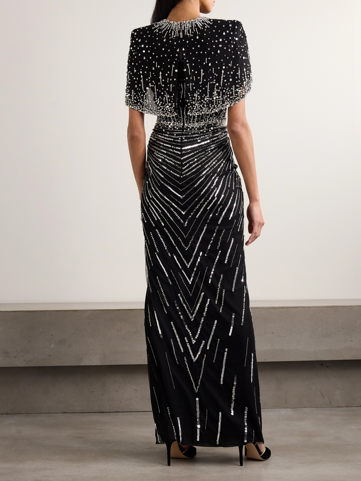 Jenny Packham Dido Cape-effect Embellished Draped Tulle Gown In Black