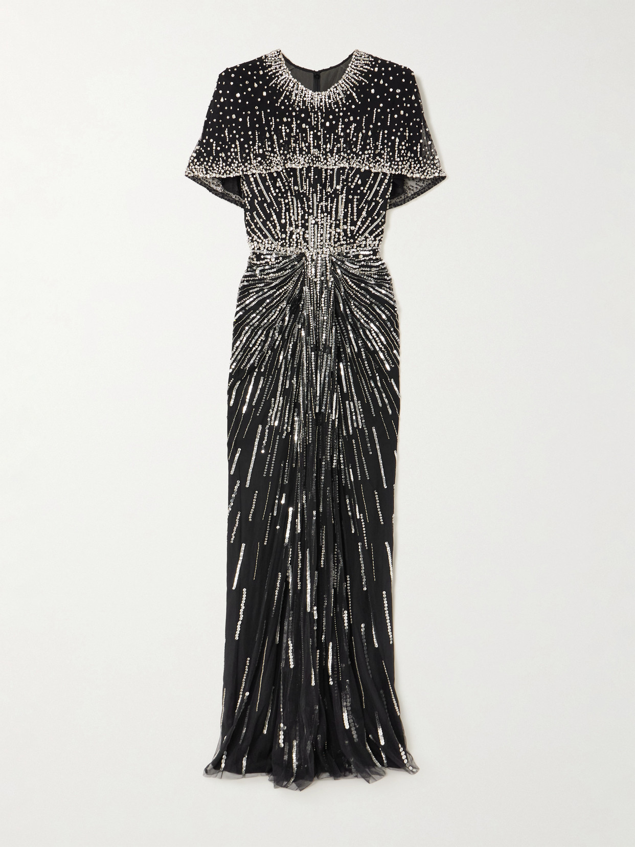 Jenny Packham Dido Cape-effect Embellished Draped Tulle Gown In Black