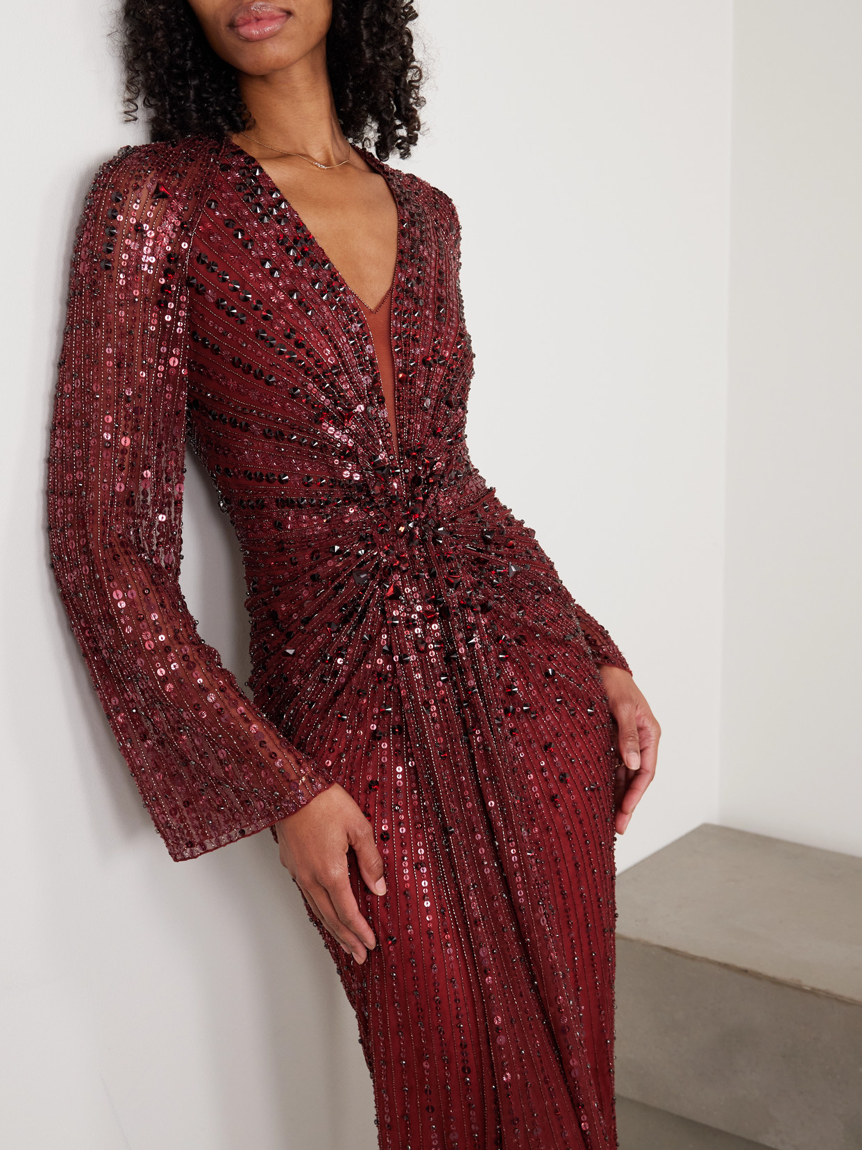 Jenny Packham Nina Gathered Embellished Tulle Gown In Burgundy