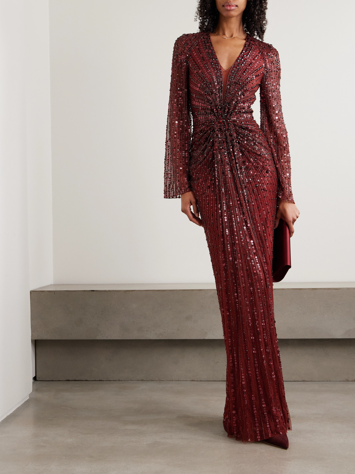 Jenny Packham Nina Gathered Embellished Tulle Gown In Burgundy