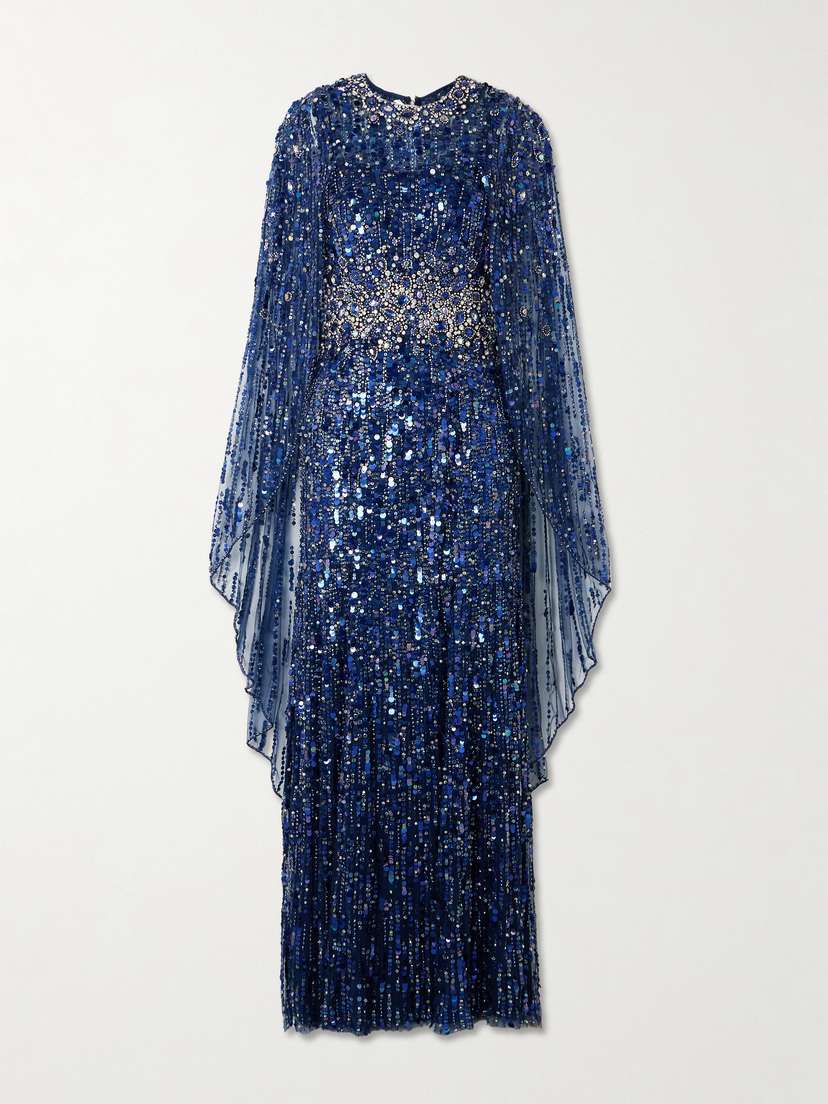 Jenny Packham Honey Dew Cape-effect Embellished Tulle Gown