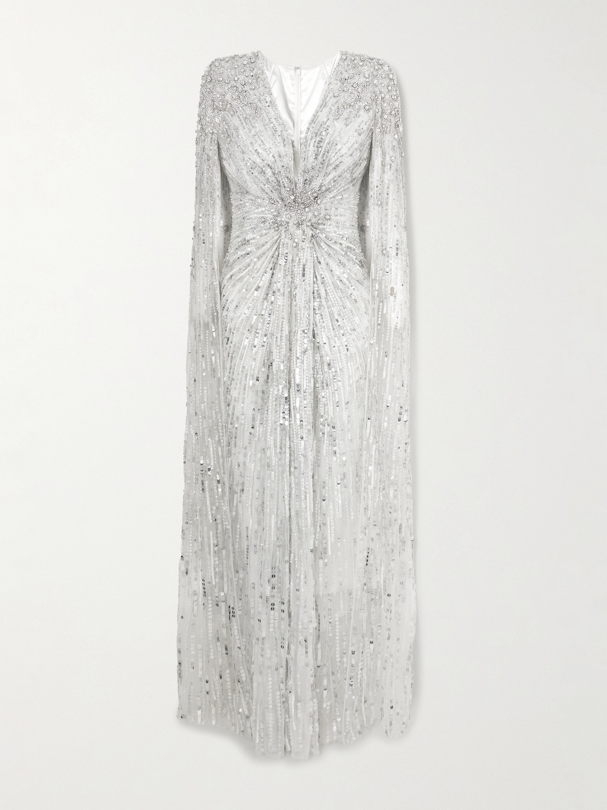Jenny Packham Symphony Cape-effect Gathered Embellished Tulle Gown In Silver