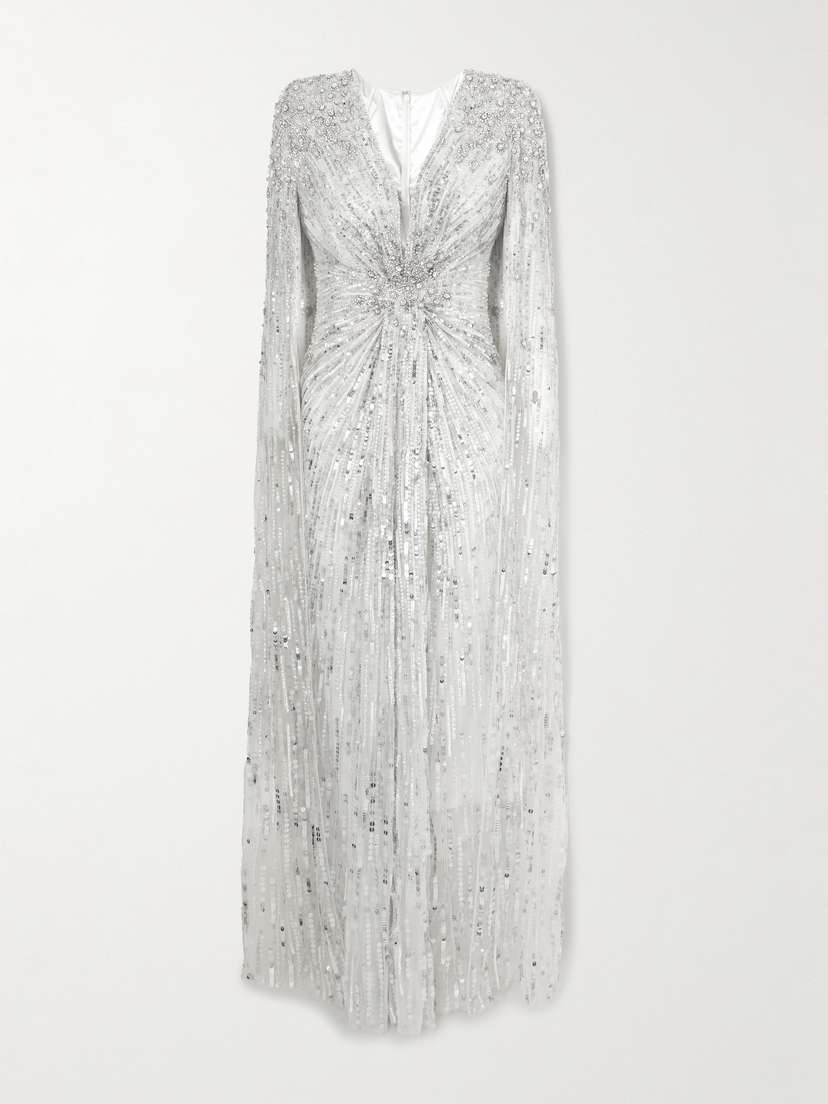 Jenny Packham Symphony Cape-effect Gathered Embellished Tulle Gown