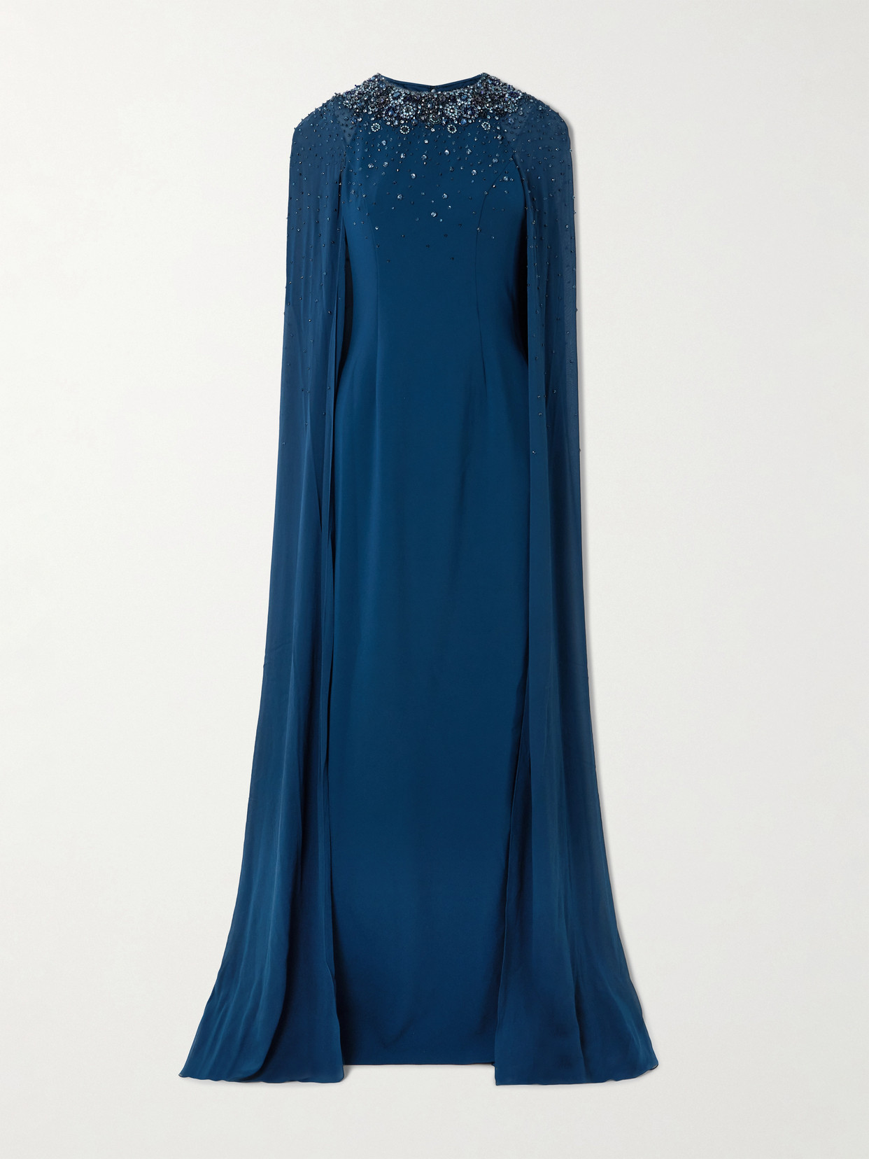 Jenny Packham Vita Cape-effect Embellished Crepe De Chine Gown In Blue
