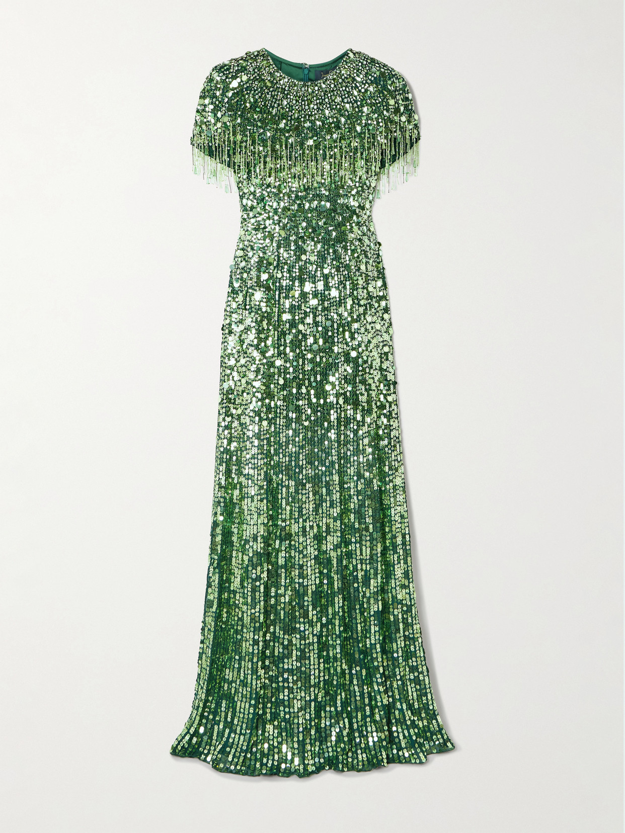 Jenny Packham Eugenie Fringed Cape-effect Embellished Satin Gown In Green
