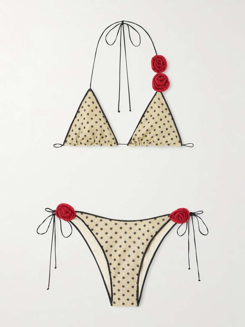 Oséree Lumière Appliquéd Polka-dot Lurex Bikini