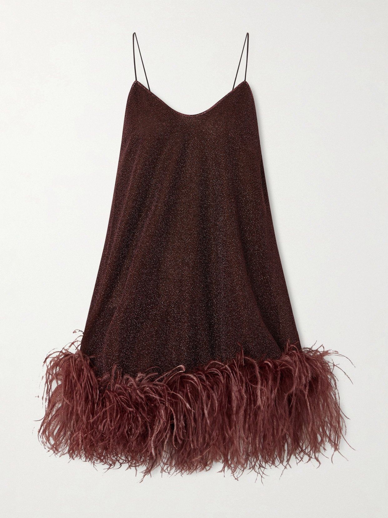 Oseree Lumière Feather-trimmed Stretch Metallic Mini Dress In Burgundy