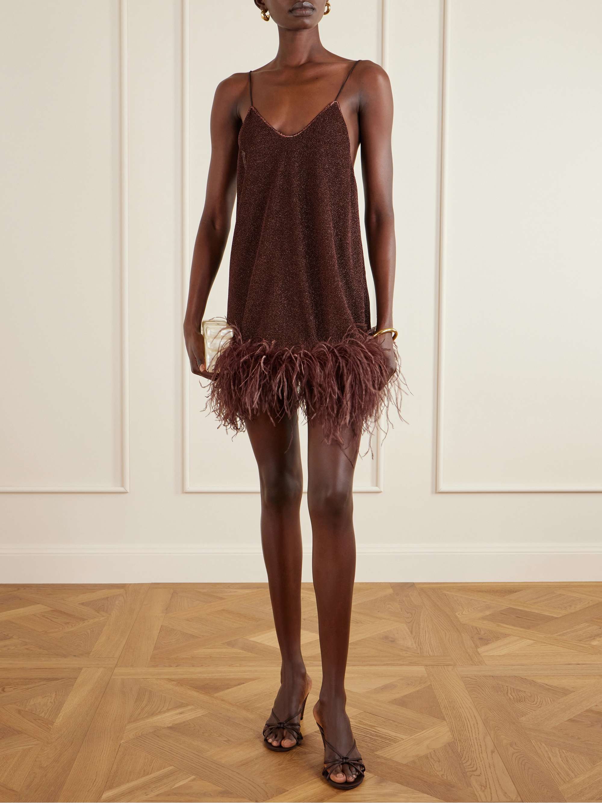 OSÉREE Lumière feather-trimmed stretch-Lurex mini dress