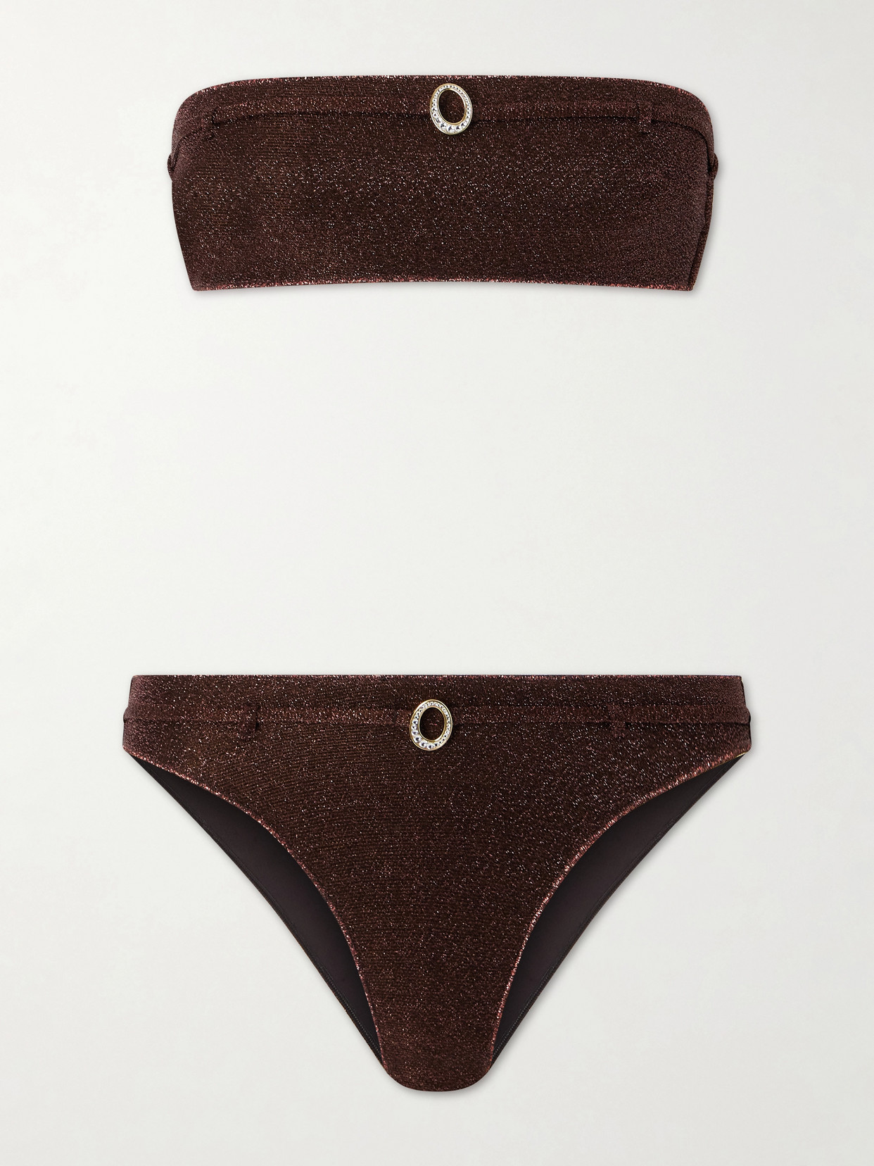 Oseree Lumière Micro Belt Bandeau Embellished Stretch-lurex Bikini In Brown