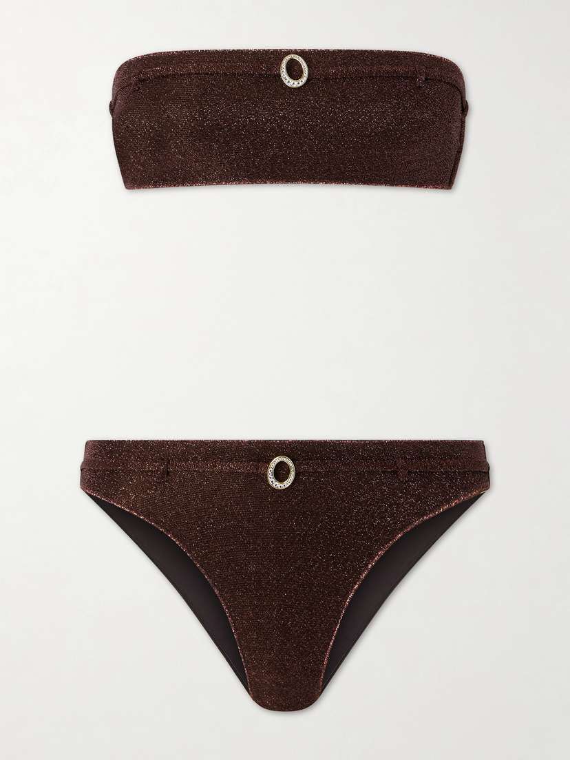 Oséree Lumière Micro Belt Bandeau Embellished Stretch-lurex Bikini