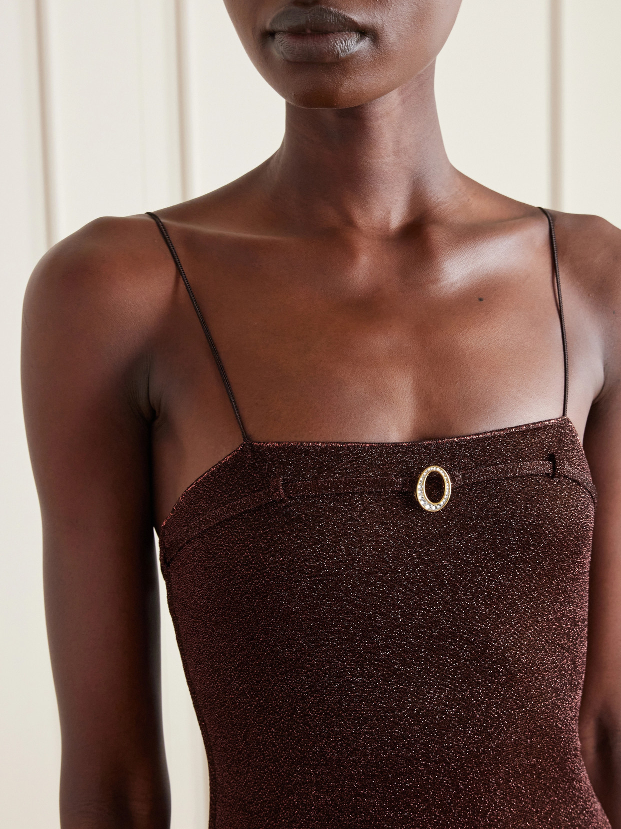 Oseree Lumière Micro Belt Embellished Metallic Swimsuit In Brown