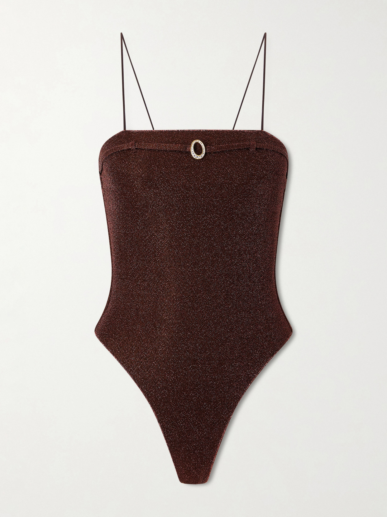 Oseree Lumière Micro Belt Embellished Metallic Swimsuit In Brown