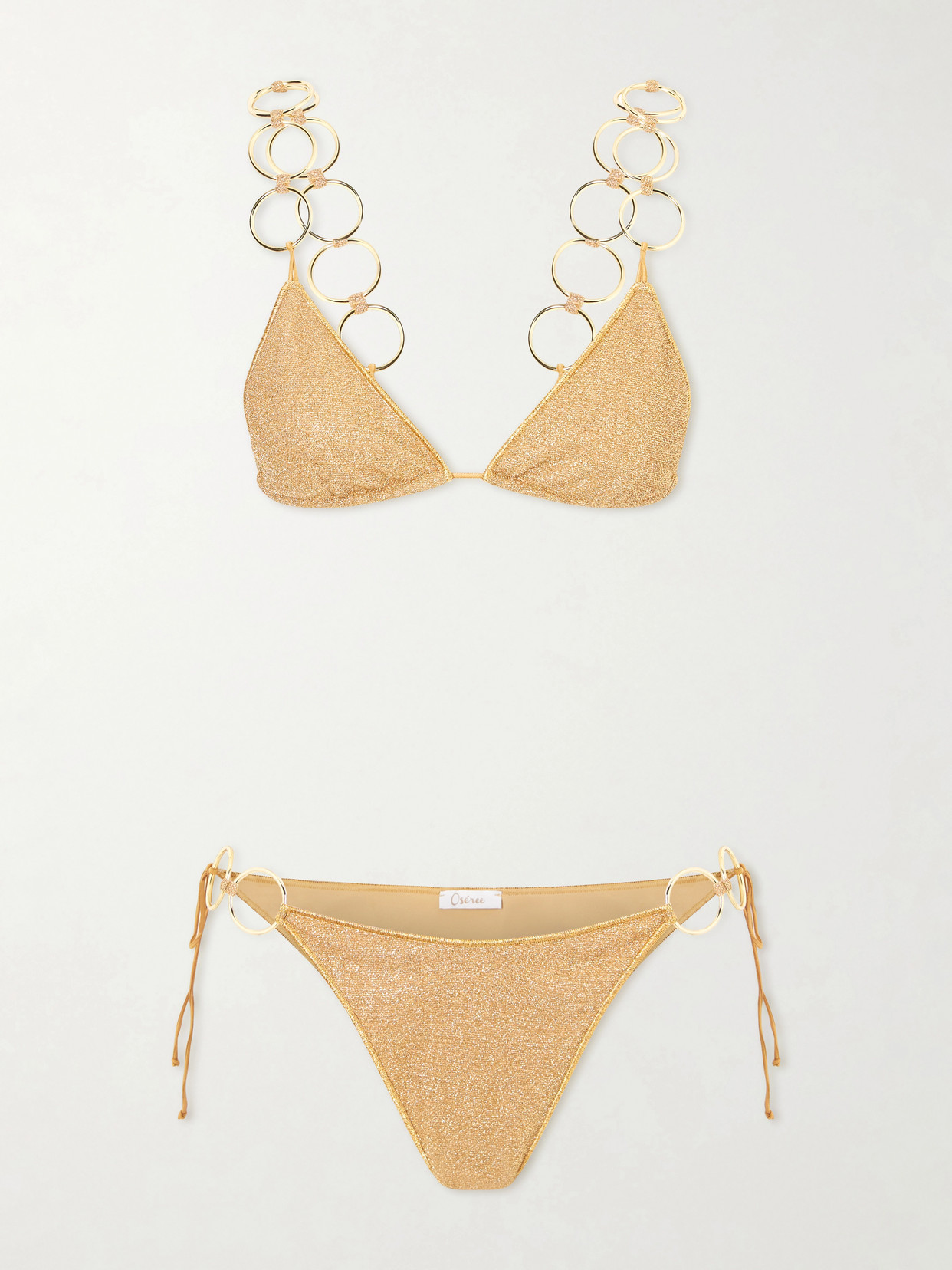 Oseree Lumière Embellished Metallic Triangle Bikini In Gold