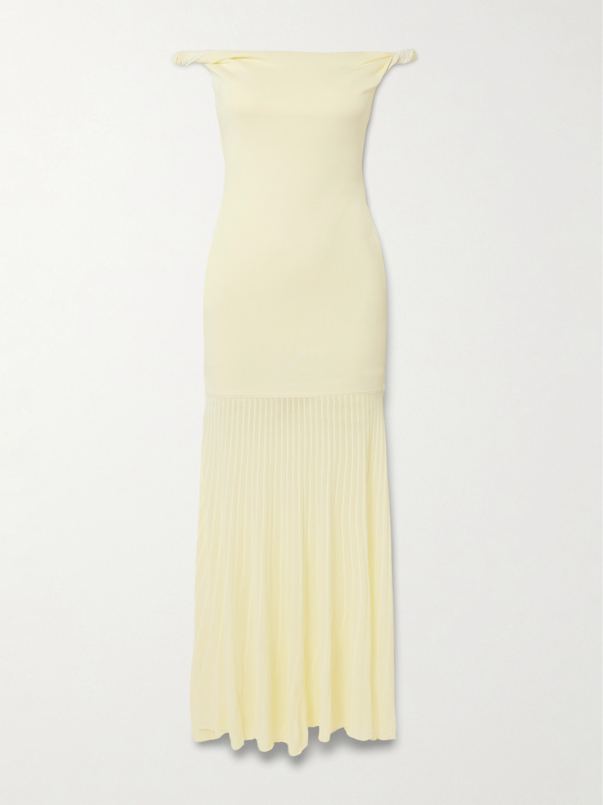 Sir Elia Off-the-shoulder Twisted Pleated Knitted Midi Dress In Yellow