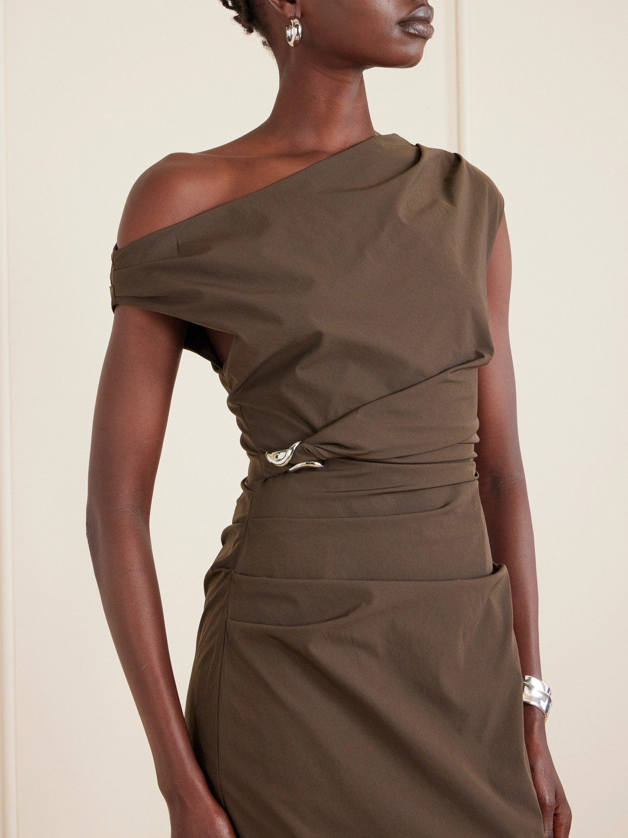 Sir Sol Gathered Embellished Shell Midi Dress In Brown