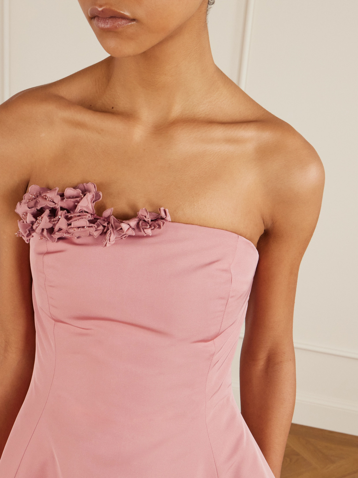 Oscar De La Renta Strapless Embellished Appliquéd Faille Midi Dress In Pink
